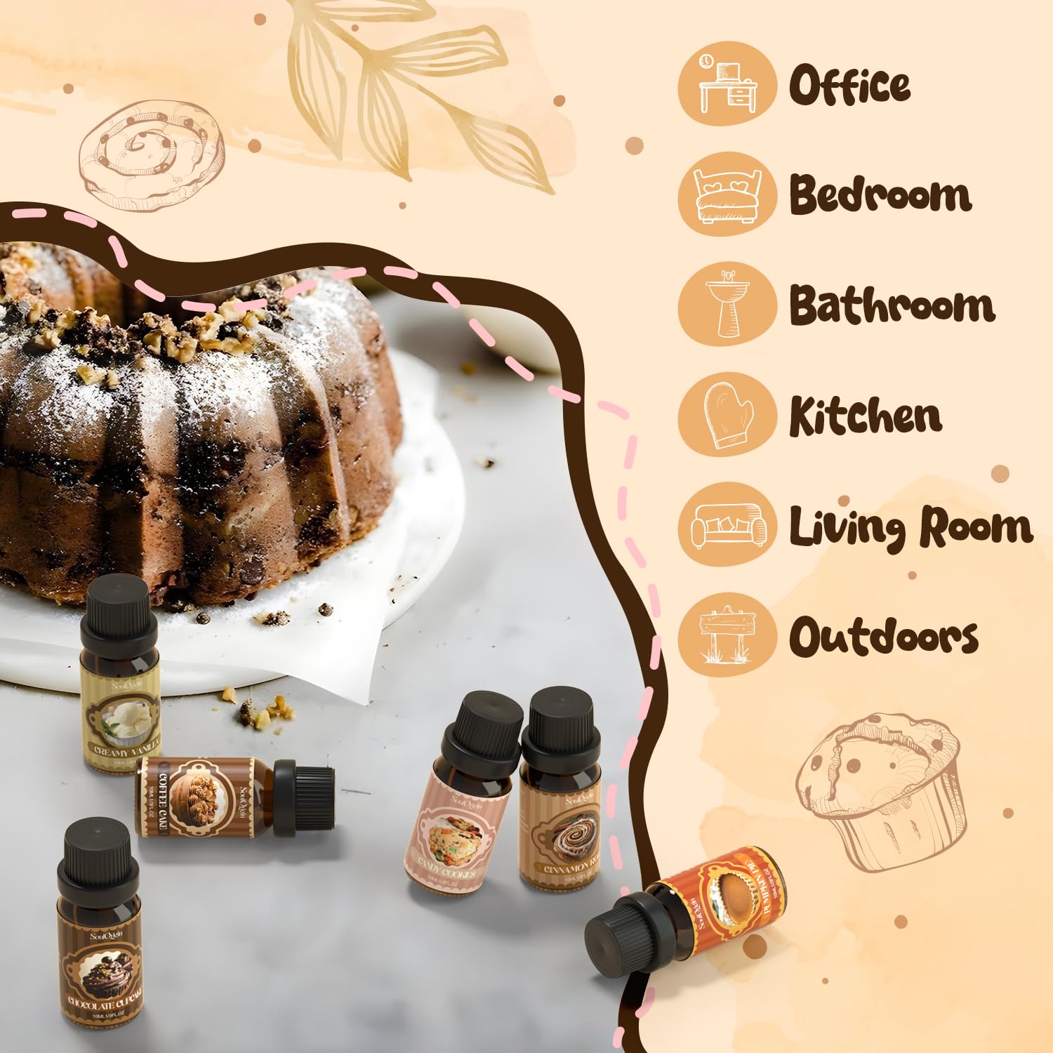 Soulorigin Bakery Essential Oils Set, Fragrance Oil Set for Diffuser, Scent Diffuser Oil for Candle Making- Chocolate Cookies, Creamy Vanilla, Coffee Cake, Pumpkin Pie, Candy Cookies, Cinnamon Rolls