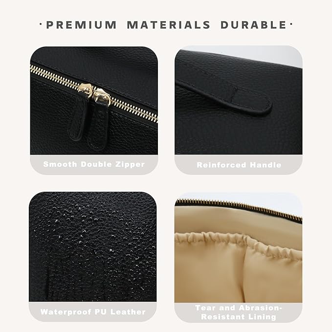 JINYIBAGS Travel Makeup Bag – Large Cosmetic Organizer with Waterproof PU Leather, Smooth Double Zipper & Tear-Resistant Lining, Toiletry Pouch for Women (Black)