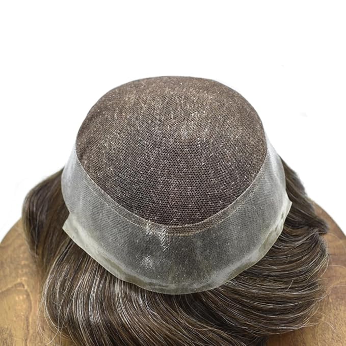 FACE MIRACLE Mens Toupee Lace Front Hairpieces Soft Human Hair Replacement System Natural Hairline Toupee for Men Poly V-Looped Mens hair Units 7"X9" #220 2# DARKEST BROWN WITH 20% SYNTHETIC GREY