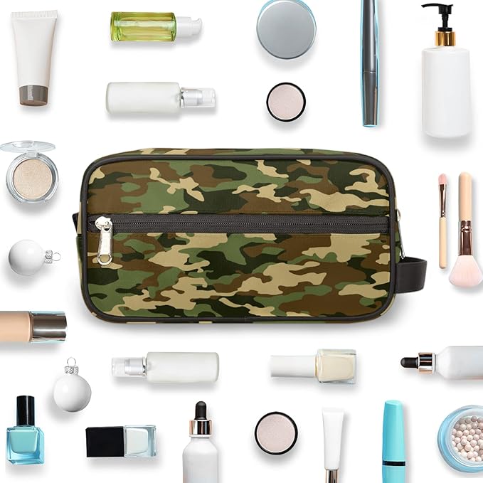 Bardic Green Camo Portable Travel Toiletry Bag, Camouflage Print Dopp Kit Cosmetic Organizer Makeup Bag Shower Shaving Bag for Men Women