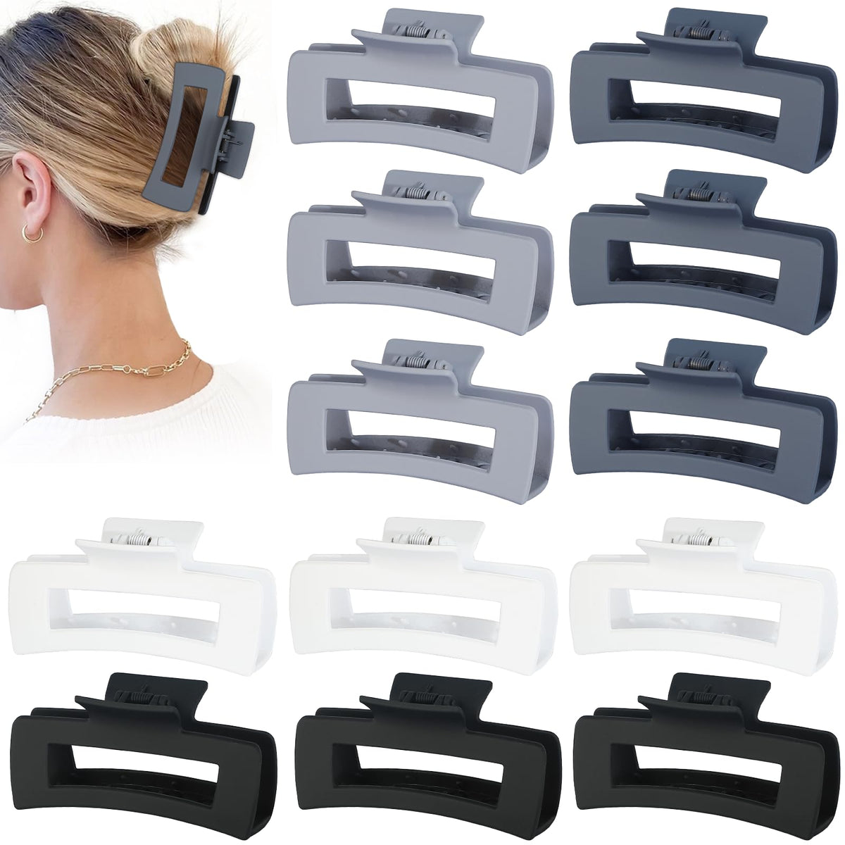 Sisiaipu 4.1 Inch Large Hair Claw Clips 12 Pcs Big Claw for Thick Hair Square Hair Clips Jumbo Jaw Clips Bulk Hair Accessories for women and Girls (Black)