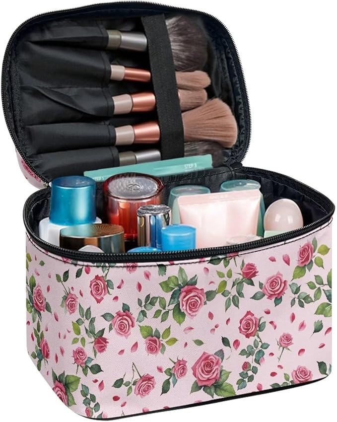 Drydeepin Rose Hearts Valentine's Day Print Travel Makeup Bags for Women Portable Tote Cosmetic Case with Carry Handle Toiletry Accessories Storage Organizer Bags