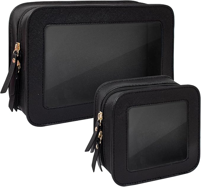 LETGO Clear Makeup Bag Set for Women Portable Clear Makeup Bag Cute Waterproof Travel Cosmetic Bag Travel Essentials Car Accessories for Women Men(Black, Standard + Mini)