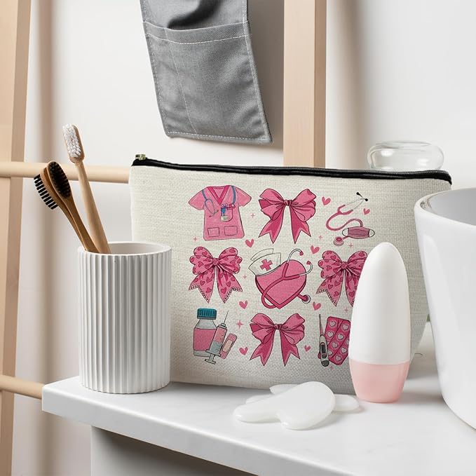 RYYCDOI Coquette Pink Bow Nurse Makeup Bag, Nurse Gifts for Women Cosmetic Bags, Nurse Week Gifts Makeup Pouch, Nurse Appreciation Gifts Zipper Pouch