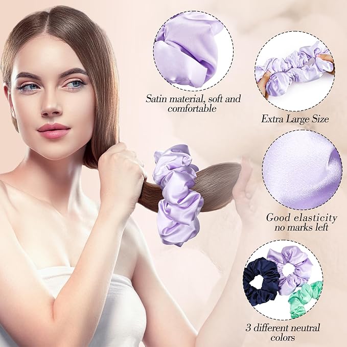 3 Pcs Satin Scrunchies for Thick Curly Hair, Oversized Sleep Hair Ties