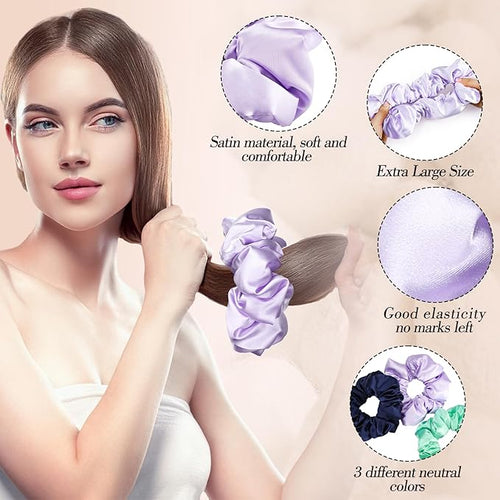 3 Pcs Satin Scrunchies for Thick Curly Hair, Oversized Sleep Hair Ties