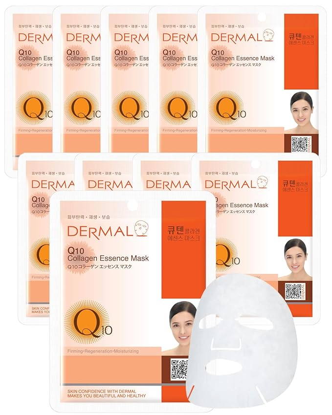 DERMAL Q10 Collagen Korean Essence Sheet Mask, Ubiquinone, 23g, 10 Pack