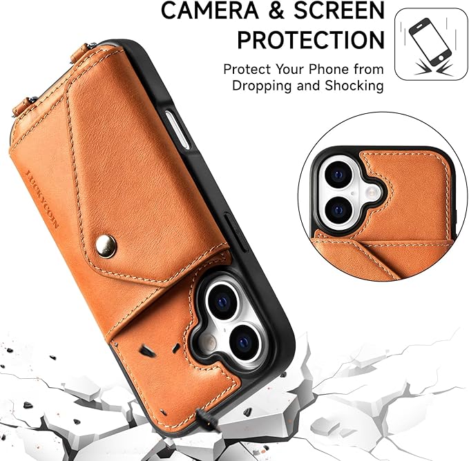 LUCKYCOIN Crossbody Phone Case for iPhone 17,100% Genuine Leather Phone Wallet Case for Women, Fashion Premium Hands-Free Phone Purse with Expandable Flip Card Holder & Adjustable Strap - Retro Brown