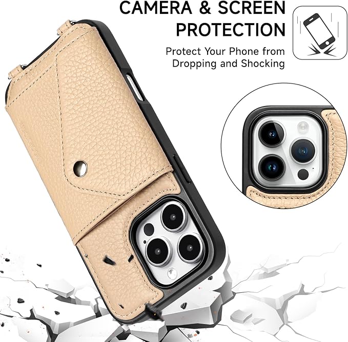LUCKYCOIN Crossbody Phone Case for iPhone 16 Pro Max,100% Genuine Leather Phone Wallet Case for Women, Premium Hands-Free Phone Purse with Expandable Flip Card Holder & Adjustable Strap - Pebble Beige