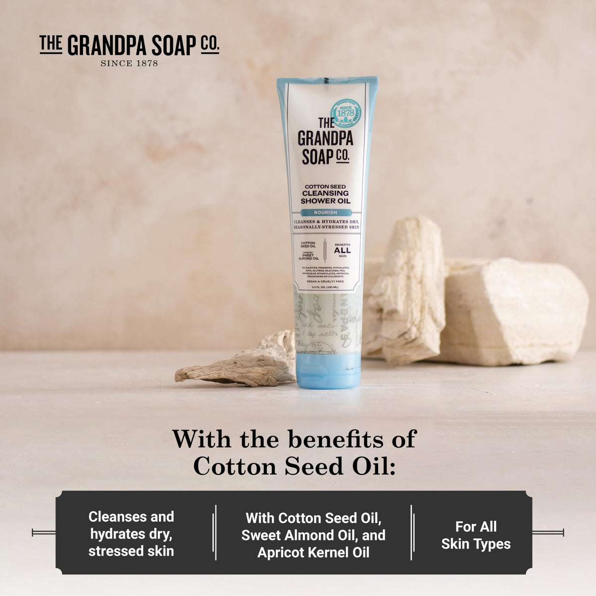 Grandpa's Cottonseed Oil Body Wash by The Soap Company | Cottonseed + Organic Sweet Almond Oils | Clean, Vegan & Cruelty Free Formula | Nourishing Body Soap for Sensitive Skin | 9.5 Fl. Oz. Tube
