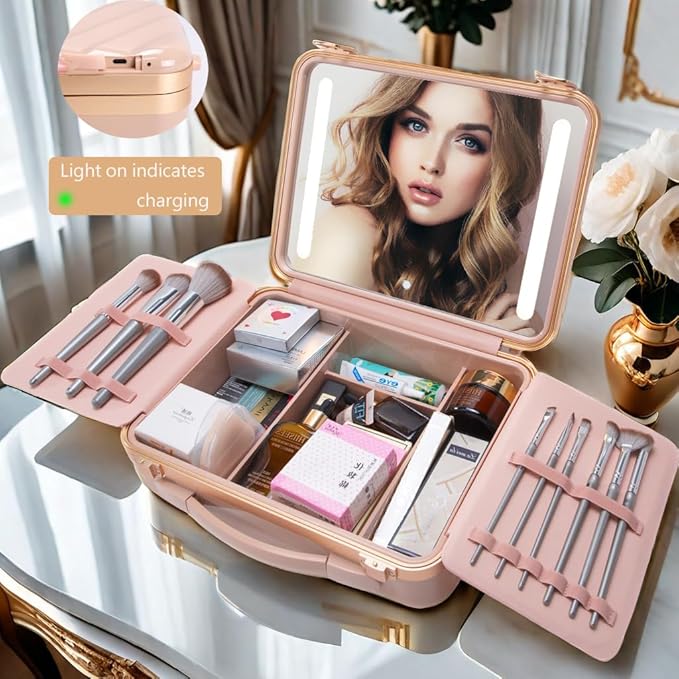 ZhenGuiRu Makeup Case with LED Lighted Mirror, 11.5''x 8.7'' Portable Travel Makeup Organizer, Toiletry Storage Makeup Bag Gift for Lady, DIY Dividers Makeup Box with 5X Magnifying Mirror (Pink)