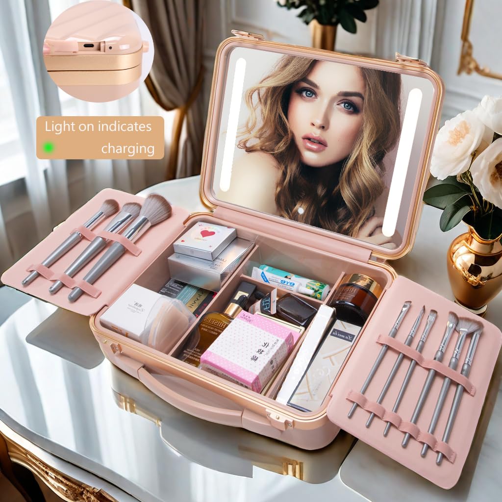 ZhenGuiRu Makeup Case with LED Lighted Mirror, 11.5''x 8.7'' Portable Travel Makeup Organizer, Toiletry Storage Makeup Bag Gift for Lady, DIY Dividers Makeup Box with 5X Magnifying Mirror (Pink)