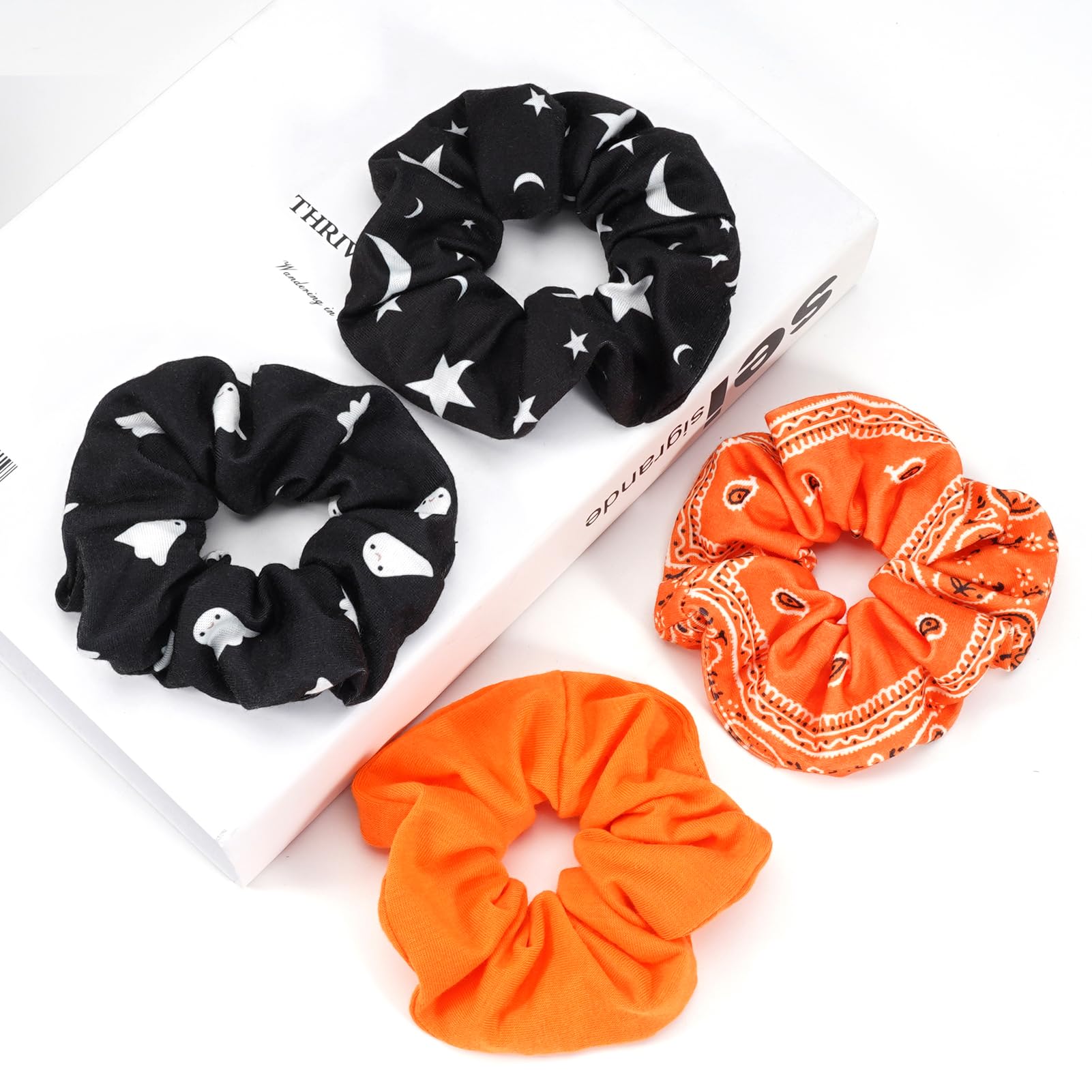 Halloween Hair Scrunchies Cute Ghosts Moon Star Hair Ties Fall Orange Bandana Scrunchy Elastics Hair Bands Gifts Ponytail Holder Hair Accessories for Women Girls