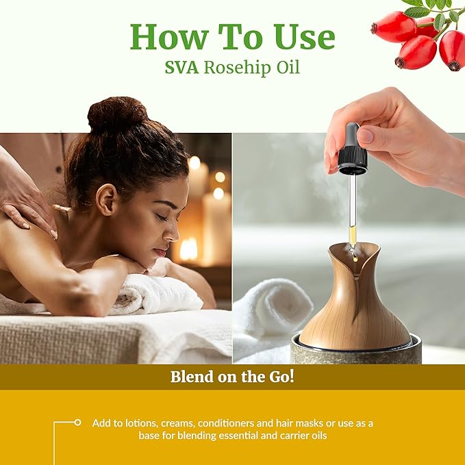 SVA Rosehip Seed Oil 4 Fl Oz - for Face, Skin Care, Hair Care, Scalp Massage & Body Massage – Carrier Oil with Dropper