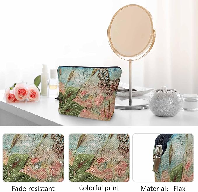 Kalygon Women Cosmetic Bag Butterfly, Pond Green Leaves Floral Butterflies Cute Makeup Bag For Purse Cosmetic Travel Bag For Toiletries Makeup Storage Bag Flax Skincare Bag Make Up Pouch Bags
