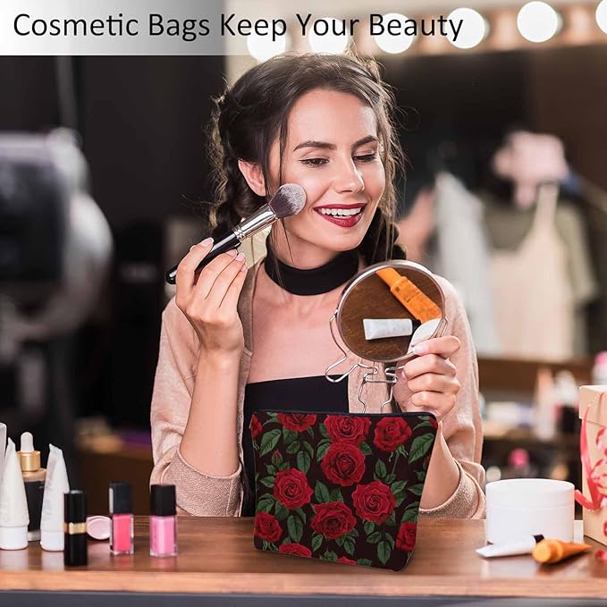 Kalygon Woman Rose Makeup Bag - Blossom Flower Roses Red Travel Cosmetic Bags Toiletry Makeup Organizer Pencil Pouch For Owners Lady Birthday Gifts