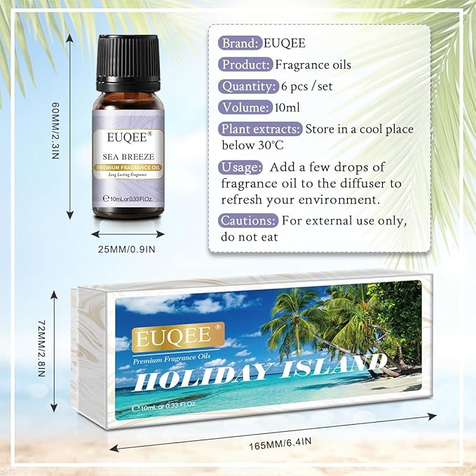 EUQEE Summer Holiday Island Fragrance Oil Gift Set of 6 for Humidifier