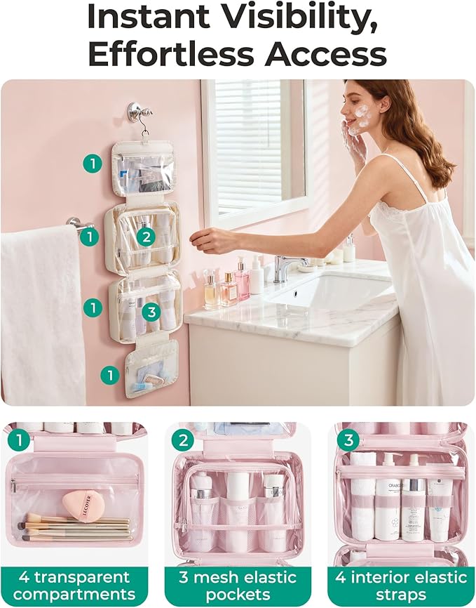 BAGSMART Travel Toiletry Bag for women, Portable Hanging Hook Makeup Bag Organizer, Waterproof Makeup Cosmetic Bag, for Full-Size Accessories, Toiletries, Beige