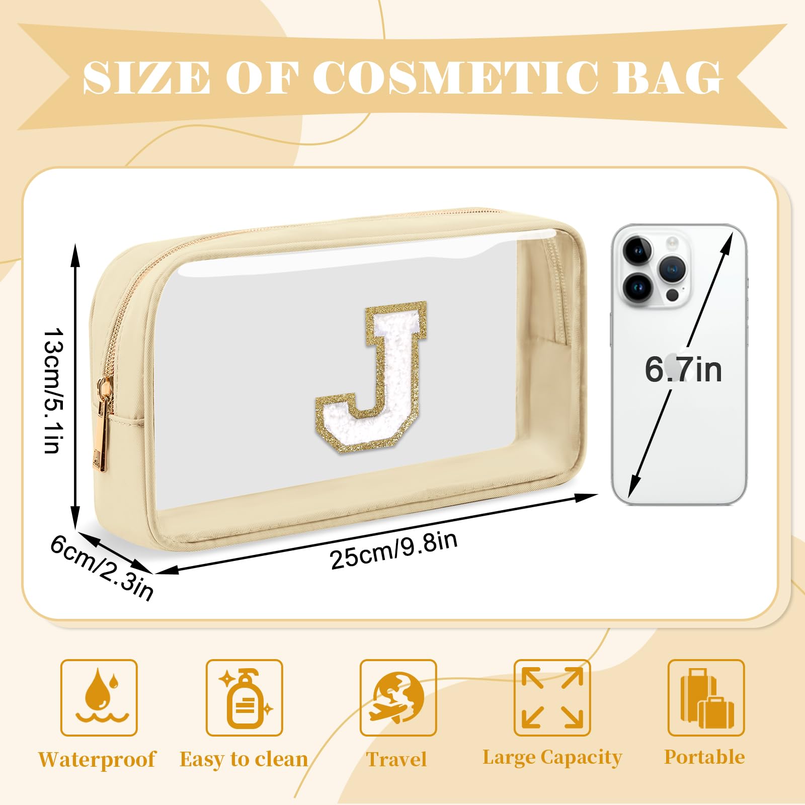 Personalized Initial Letter Clear Makeup Bag,Preppy Small Nylon&PVC Cosmetic Zipper Bag with Chenille Letter,Portable Beach Travel Skincare Toiletry Bag,Trendy Monogram Gift for Teen Girls Women,J