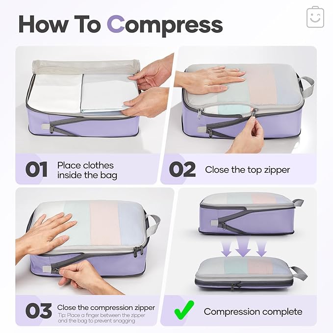 Veken 11 Set Compression Packing Cubes Garment Bags for Travel Essentials,Compressible Expandable Luggage Organizer Bags for Clothing,Space Saver Bags with Over 1000 pcs of Mesh Holes(Purple Gray)