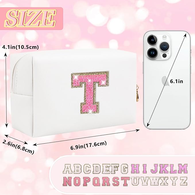 Personalized Initial Letter Makeup Bag, Small Preppy Glitter Letter Cosmetic Pouch PU Waterproof Zipper Travel Toiletry Bag, Unique Letter Patch Makeup Organizer Gift for Women Teen Girls(Letter T)