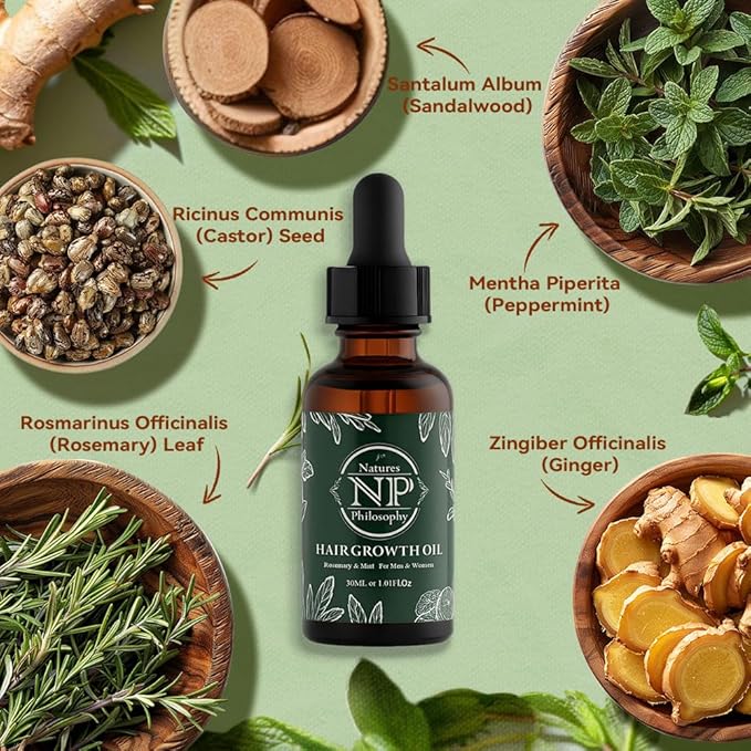 NP NATURES PHILOSOPHY Rosemary Mint Hair Growth Oil, Stimulates Hair Regrowth, Anti-Hair Loss, Nourishing Scalp Treatment for Thicker Fuller Hair, Hair Growth Products for All Hair 30ml Essential Oil