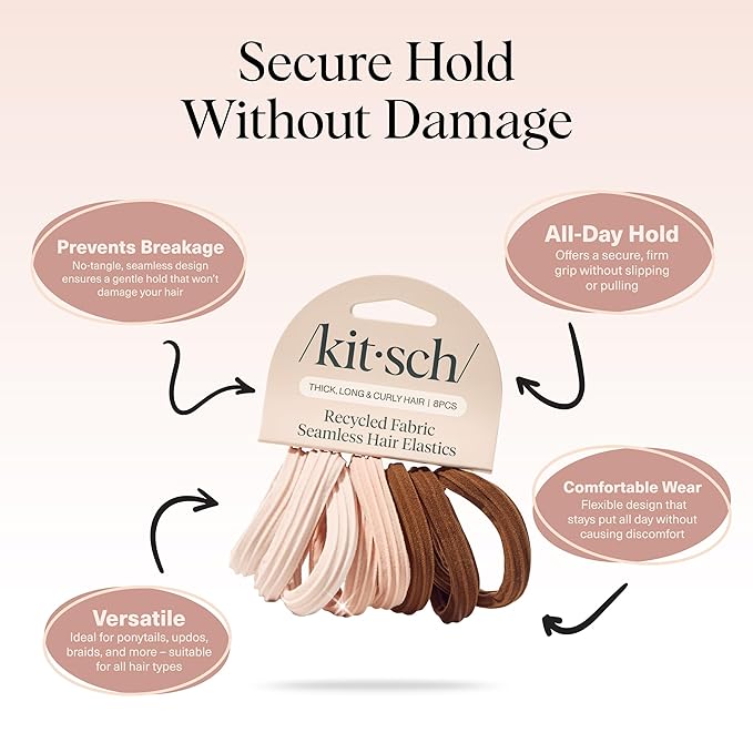 Kitsch Seamless Hair Ties No Damage - Stretchy Hair Bands - Rosewood, 8pcs