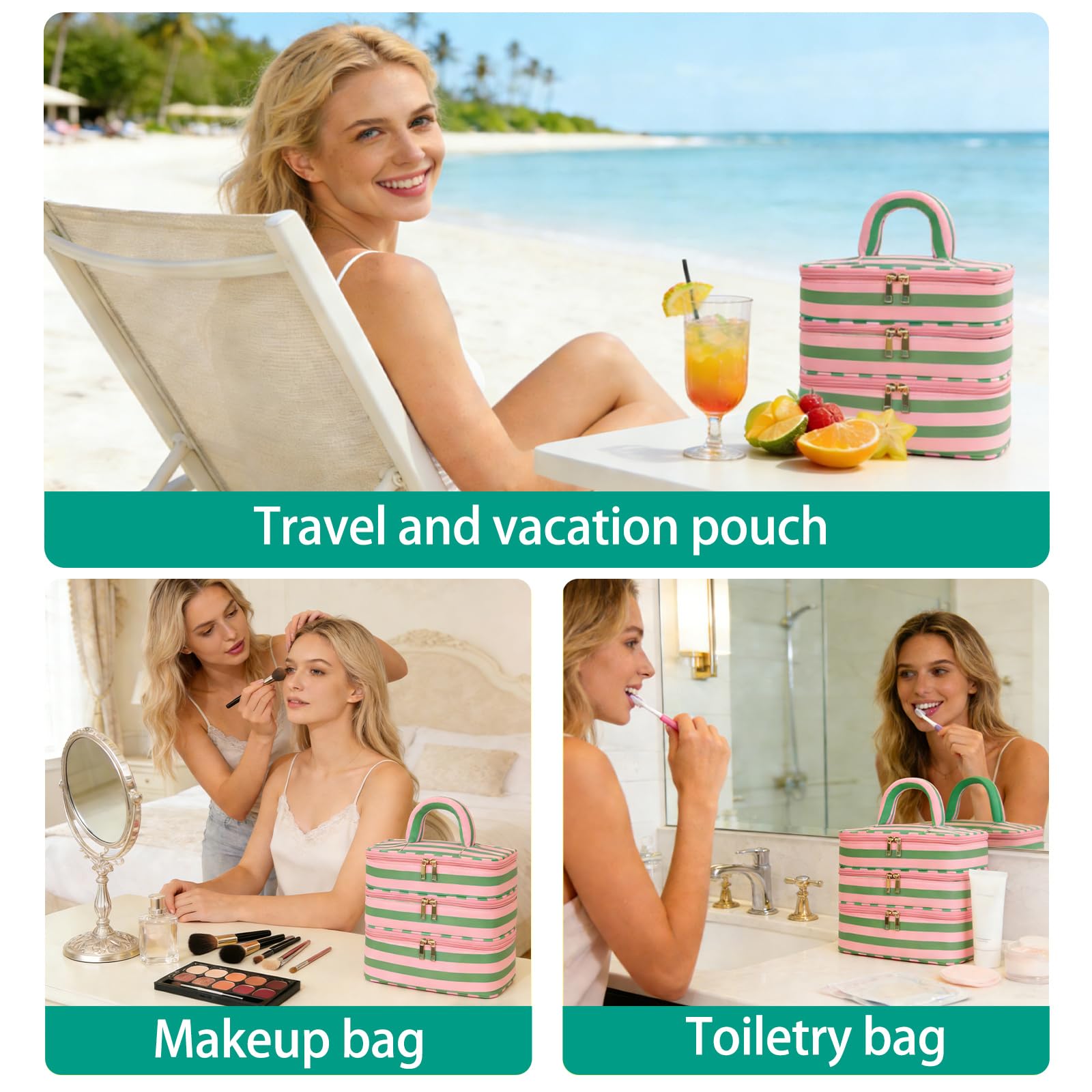 Apxouans Three Layer Makeup Bag for Women Fashion Stripes Cosmetic Bag Preppy Style Travel Water-Resistant Toiletry Bag for Storage Toiletries Cosmetics Sets for Women Teen Girls Green