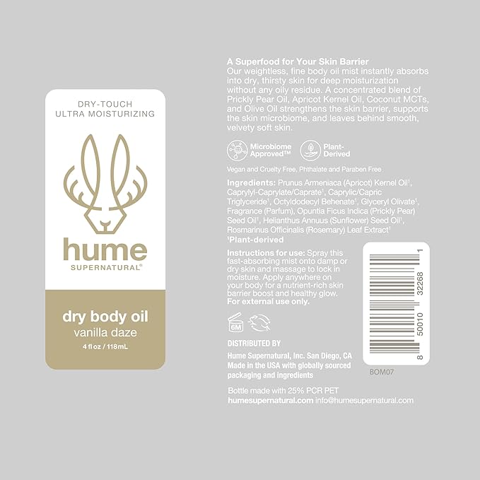 HUME SUPERNATURAL Dry Body Oil Spray - Ultra Hydrating Oil for Dry Skin, Light and Nourishing Body Oils for Women and Men, Long-Lasting Moisture Vanilla Daze, 1-Pack