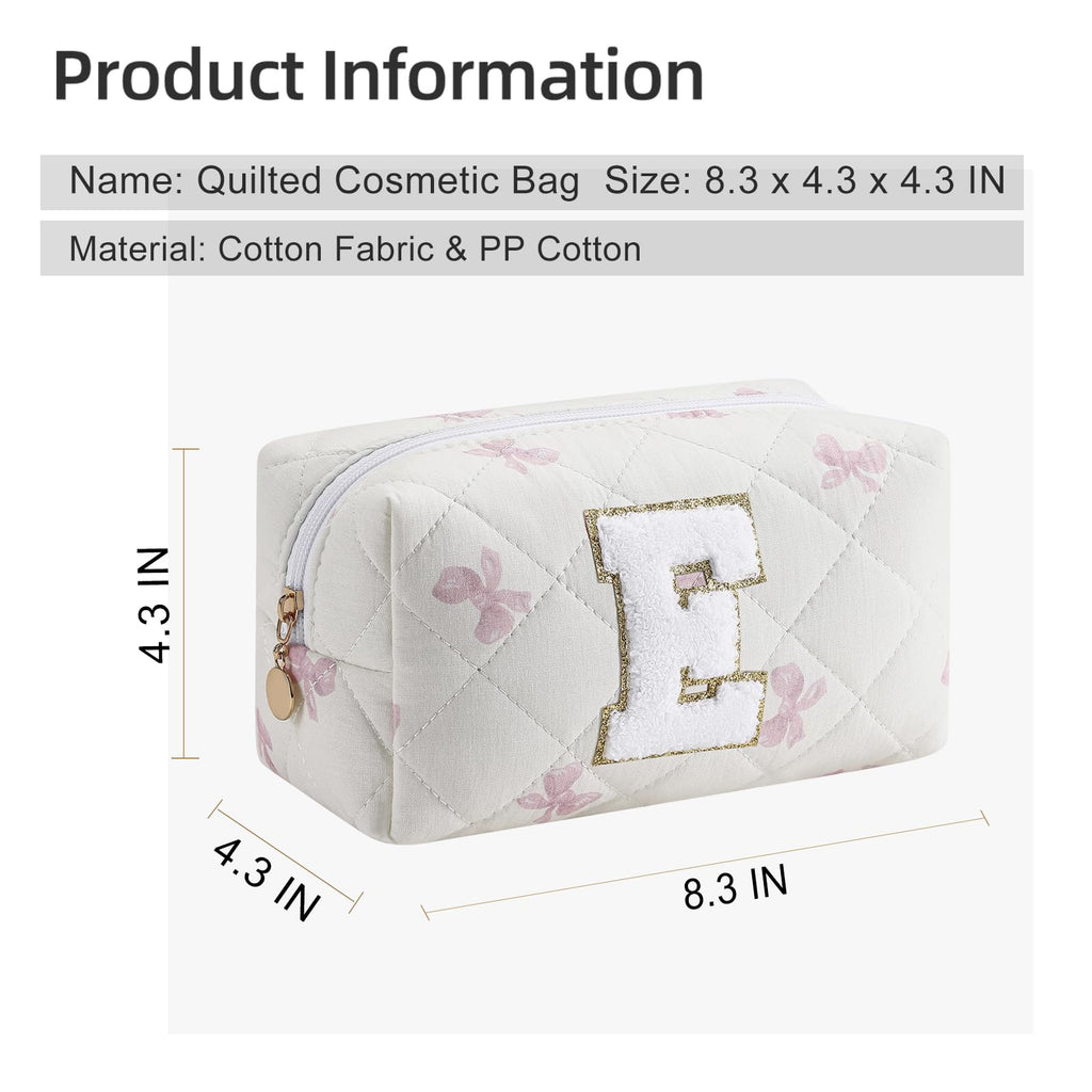 Gleyemor Personalized Initial Makeup Bag for Women, Cute Quilted Pink Floral Cotton Cosmetic Bag, Christmas Gifts for Her Mom Friend Sister Bridesmaid Teacher Women E