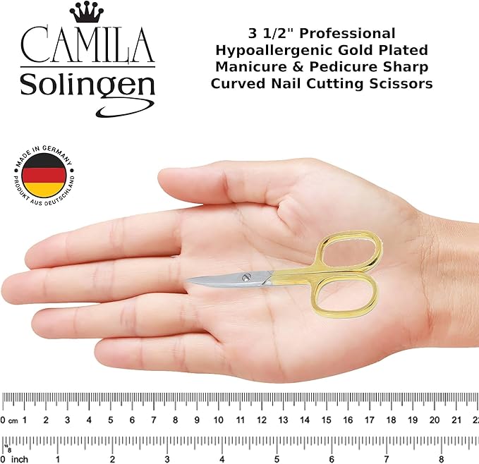 Camila Solingen CS02 3 1/2" Professional Hypoallergenic Gold Plated Manicure & Pedicure Sharp Curved Nail Cutting Scissors. Made of Durable Stainless Steel in Solingen, Germany
