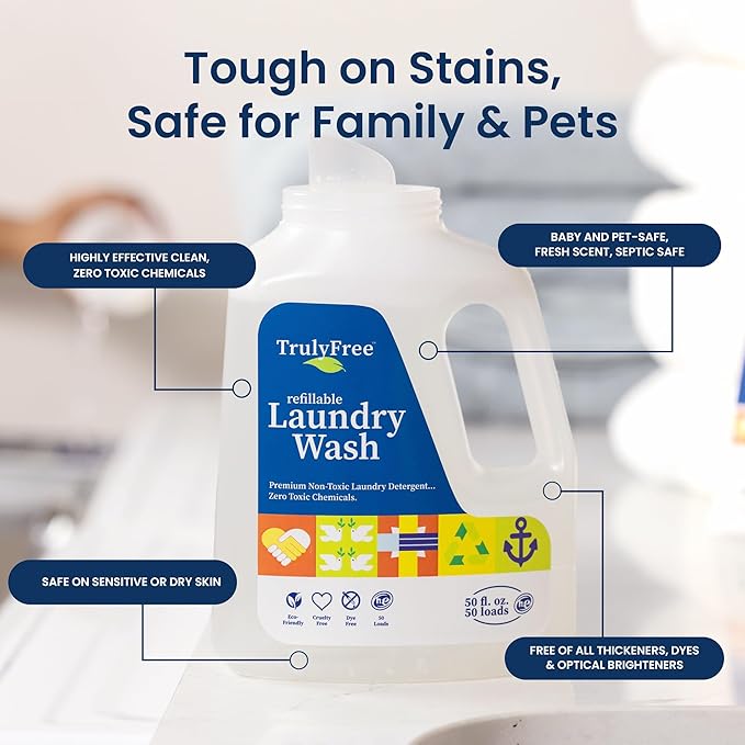 Truly Free Natural Laundry Detergent for Sensitive Skin | Eco Friendly, Plant Based, Baby Clothes Safe | Clean & Easy Powder to Liquid, 1 Empty Reusable Jug + 1 Fill Pack | Signature Scent, 50 Loads