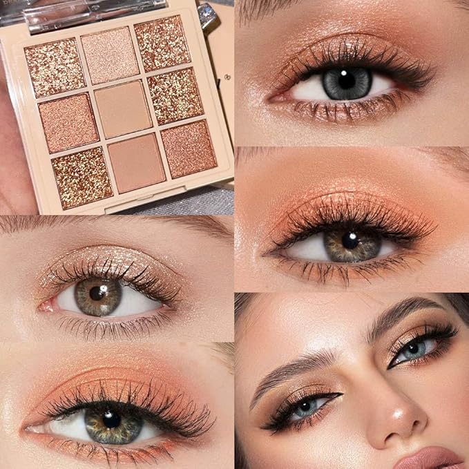 CAKAILA 9Colors Champagne Rose Gold Eye Shadow Palette Makeup,Shimmer Pink Eyeshadow Palette Nude Glitter Sparkly Eye Shadows Long Lasting Waterproof Blendable Naturing-Looking