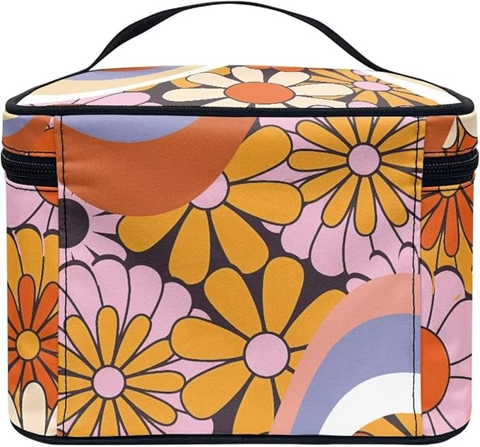 Drydeepin Hippie Daisy 70s 80s Wavy Swirl Design Makeup Bags for Women Large Capacity Toiletry Organizer Bags Portable Tote Cosmetic Pouch with Carry Handle and Brushes Slots Travel Sccessories