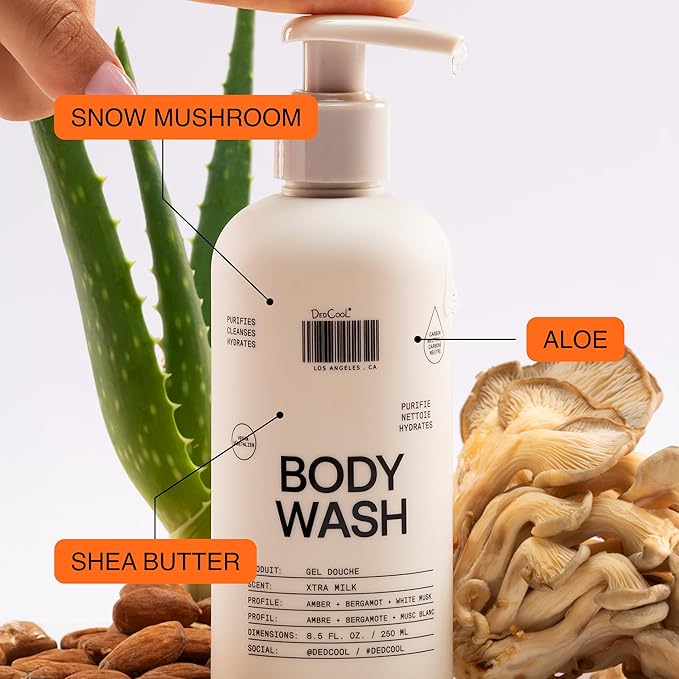 DedCool Body Wash | Xtra Milk | Shea Butter, Aloe & Snow Mushroom | Hydrating, Non-Toxic, Vegan | Bergamot, White Musk & Amber | 2 fl oz