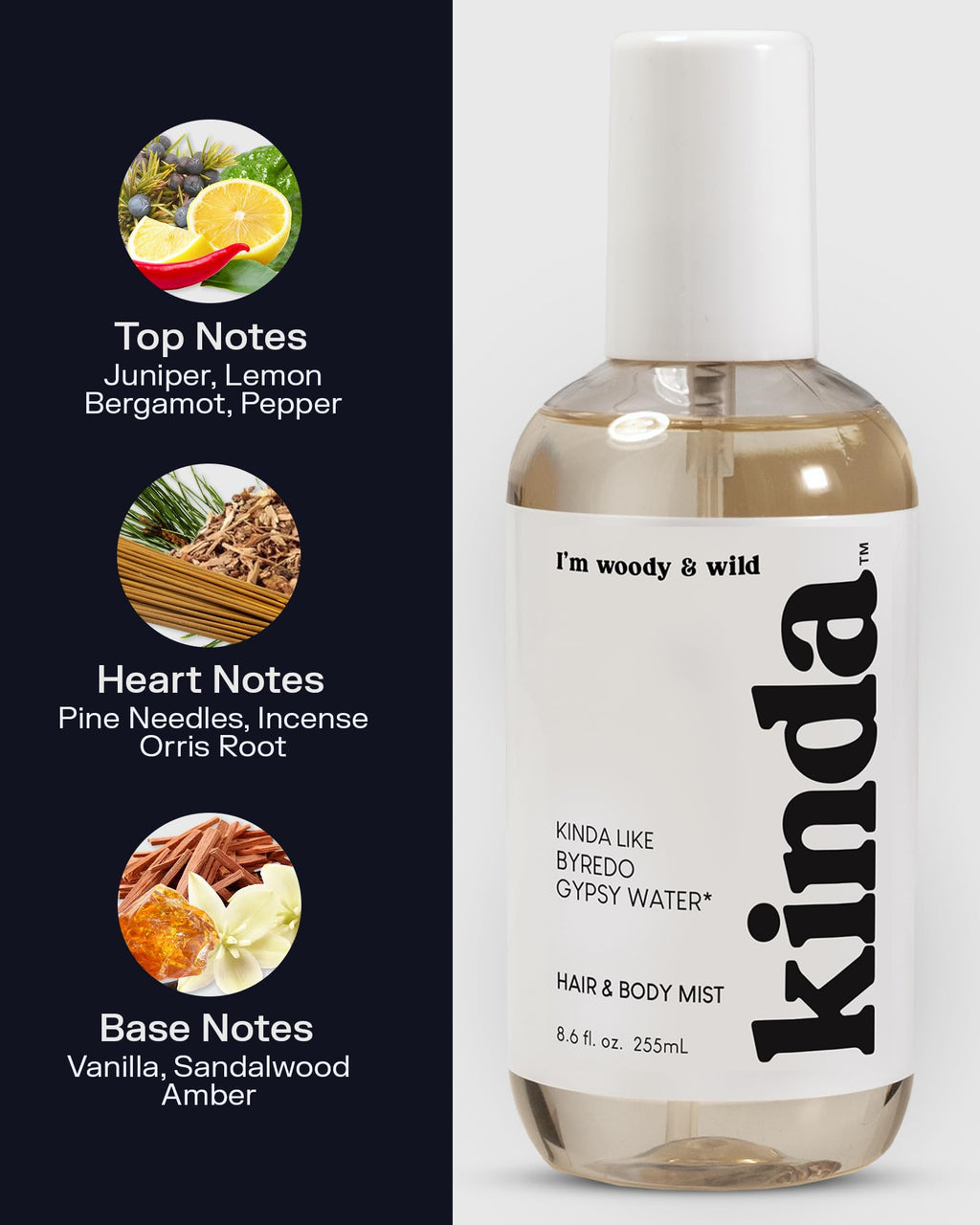 PB ParfumsBelcam KINDA I’m Woody & Wild Hair & Body Mist – Our Version of Byredo Gypsy Water – Mystical Forest Scent with Pine, Lemon, Sandalwood & Vanilla, Christmas Gifts for Women, 8.6 fl.oz