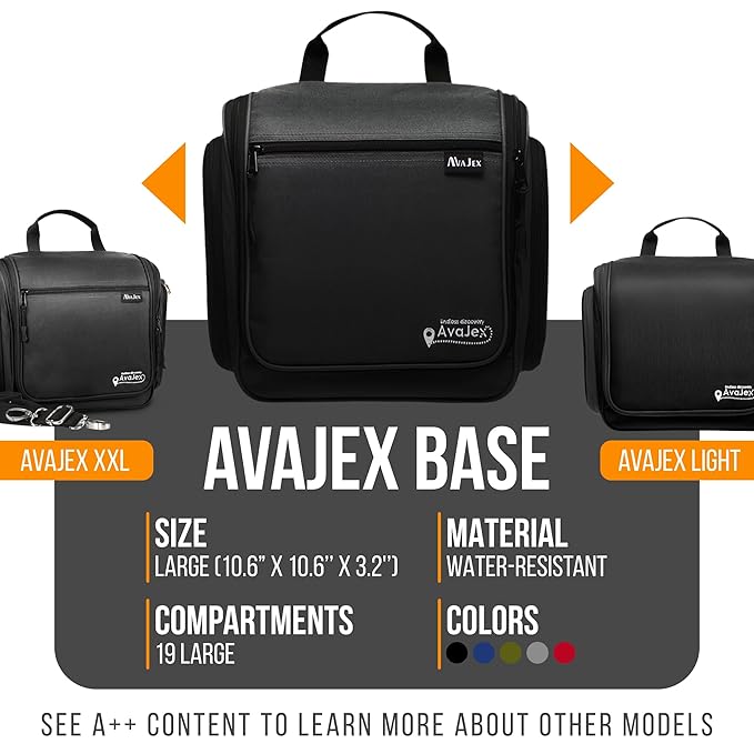 AvaJex Travel Toiletry Bag for Men - Large Dopp Kit (10.6"x10.6"x3.2") - Hanging Waterproof Mens Hygiene Organizer Bag with XXL Metal Swivel Hook, Sturdy Zippers and 19 Compartments for Toiletries