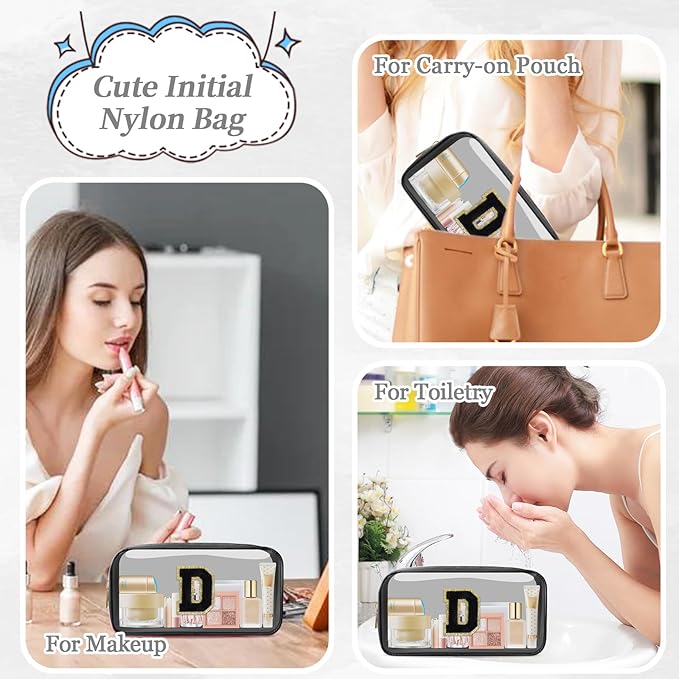 Small Clear Personalized Initial Makeup Bag,Nylon Preppy A-Z Chenille Letter Patch Cosmetic Pouch Beach Toiletry Bag,Waterproof Zipper Travel Purse Storage Bag Organizer for Women Girls(Black-Black D)