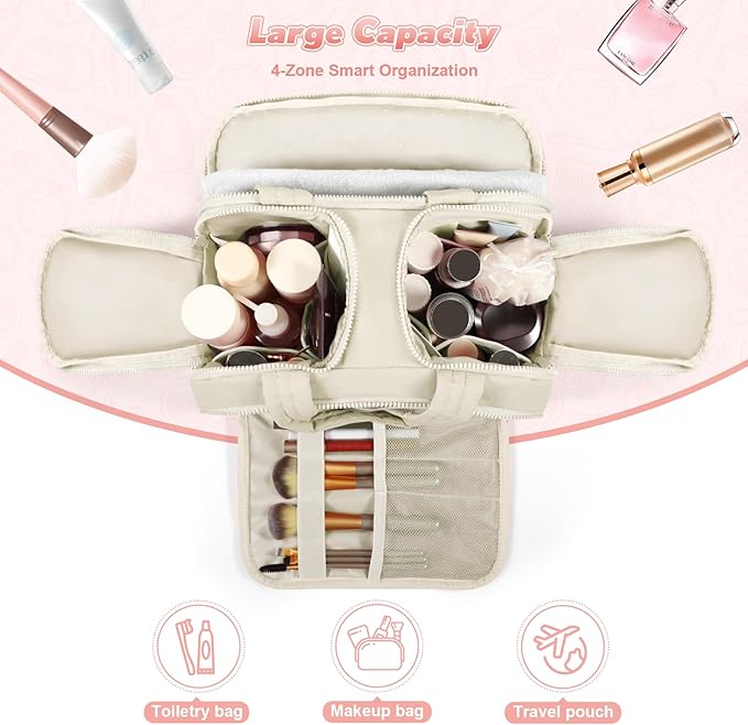 todbown Travel Toiletry Bag:  Large Capacity, 4 Compartments, Wet/Dry Separation, Ultra-Soft Lightweight Fabric & Anti-Spill Design for Travel,Gym,Gift(11.8" L) (Off-White)