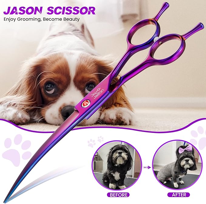JASON Curved Dog Grooming Scissors - 7" Down-Curved Trimming Shears Purple