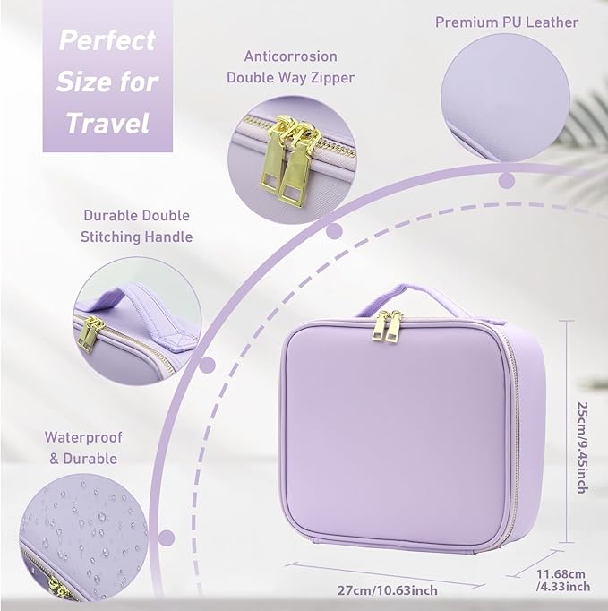 Jadazror Travel Makeup Bag with Lighted Mirror, Makeup Organizer Bag with 3 Color Modes Adjustable Brightness, Makeup Bag with Mirror and Lights Portable Cosmetic Bag Tools Accessories Gift (Purple)