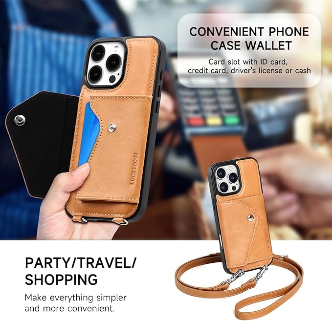 LUCKYCOIN Crossbody Phone Case for iPhone 16 Pro Max, 100% Genuine Leather Phone Wallet Case for Women, Premium Hands-Free Phone Purse with Expandable Flip Card Holder & Adjustable Strap - Retro Tan