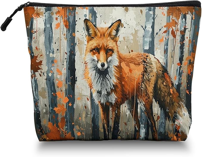 Scribesense Cosmetic Bags Travel Makeup Toilet Case Waterproof Pouch for Women Girls 6.7X9.45inches - Red Fox Gazing Intently in An Autumn Wilderness