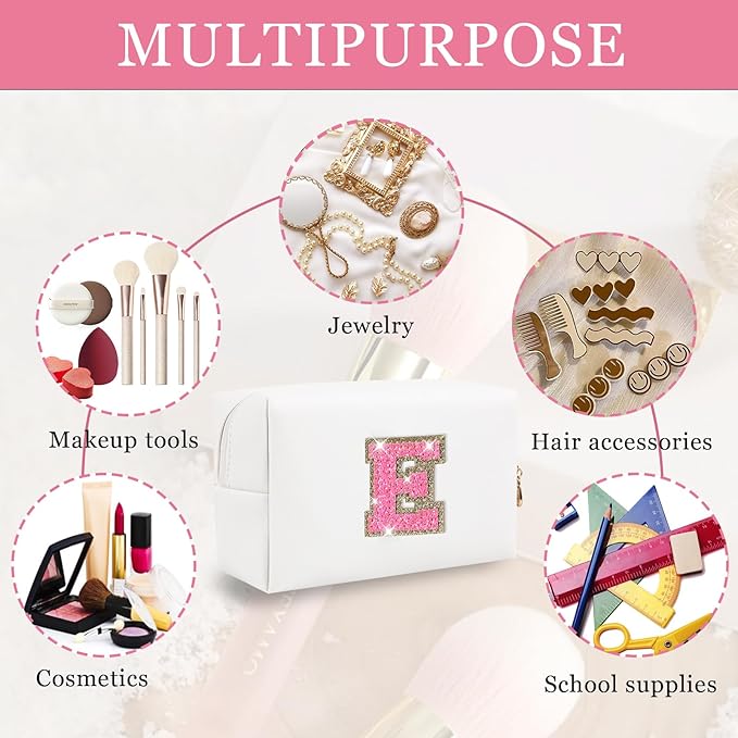 Personalized Initial Letter Makeup Bag, Preppy Glitter Letter Patch Cosmetic Pouch Zipper,PU Waterproof Travel Toiletry Bag Cute Makeup Organizer Monogrammed Make Up Bag,Gift for Women Girls(Letter E)