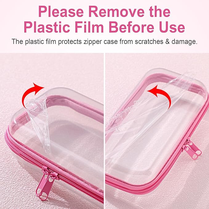 Hoolerry 4 Pcs Hard Clear Zipper Case Makeup Bags Plastic Zipper Pouch Transparent Storage Box Containers for Cosmetics, Snacks, Building Blocks, Puzzles(Clear,7.5 x 3.9 x 2 in,Pink)