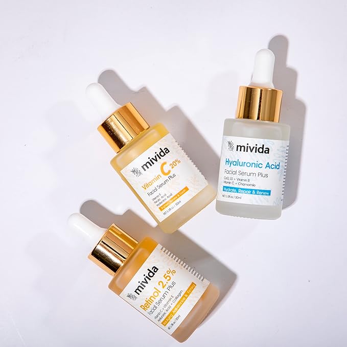 mivida Anti-Aging Serum Trio| 20% Vitamin C + Hyaluronic Acid + 2.5% Retinol Serums For Face | Brightening & Hydrating Skincare Set | Reduces Wrinkles & Fine Lines 3x1floz