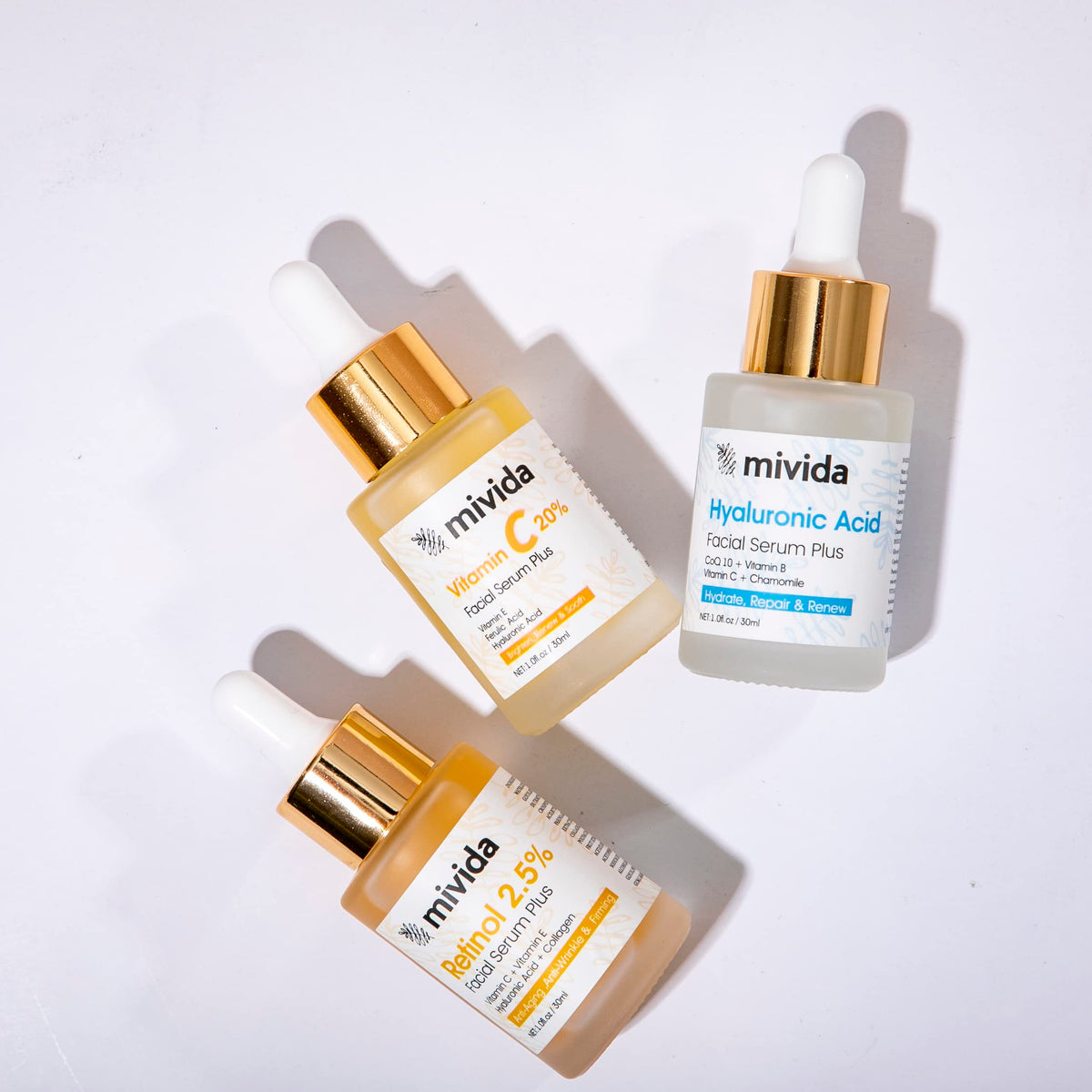 mivida Anti-Aging Serum Trio| 20% Vitamin C + Hyaluronic Acid + 2.5% Retinol Serums For Face | Brightening & Hydrating Skincare Set | Reduces Wrinkles & Fine Lines 3x1floz