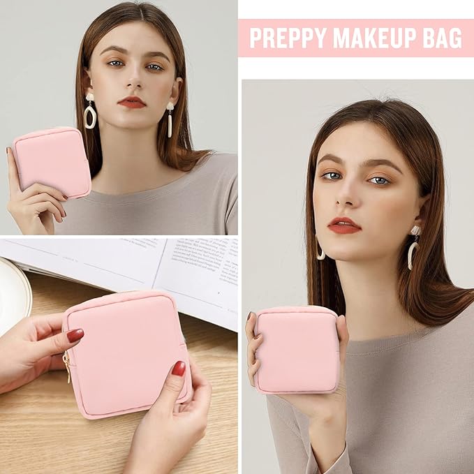 Nylon Mini Makeup Bag for Purse, Preppy Small Cute Pink Makeup Bag Cosmetic Zipper Pouch Purse, Waterproof Travel Coin Pouch Sanitary Napkin Storage Bag Clutch Makeup Organizer for Women Girls(Pink)