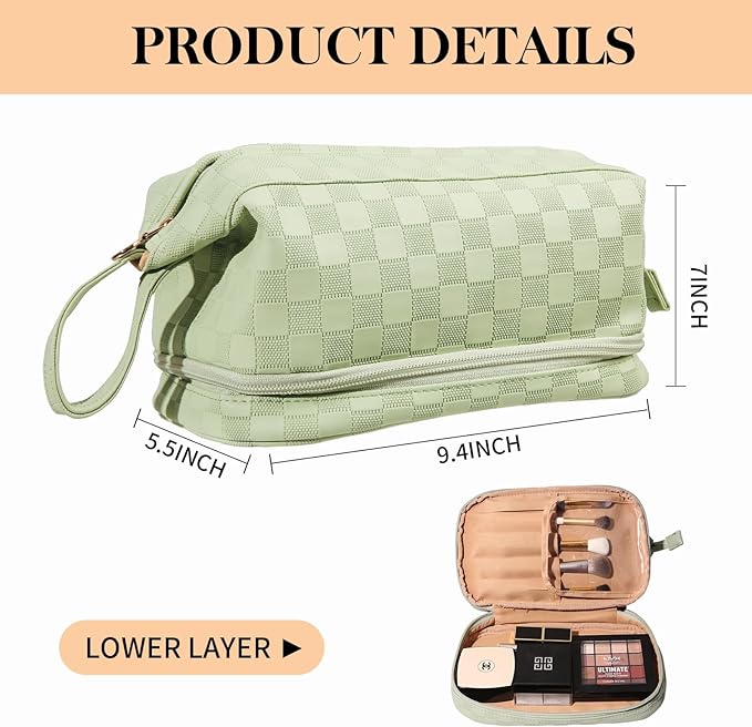 Abiudeng Large Makeup Bag for Women,Travel Makeup Organizer with Brush Holder, Dopp Kit Essentials,Waterproof Checkered Cosmetic Bag for Traveling,Multi Compartment,Cute,Spacious Capacity-Green