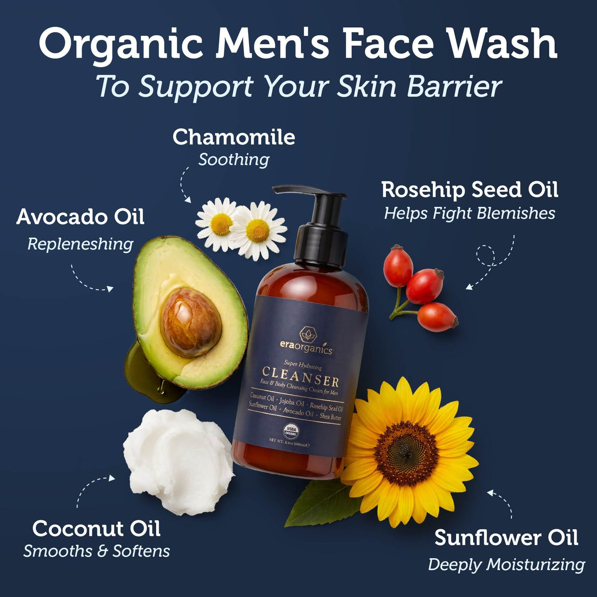 Era Organics USDA Organic Men's Face Wash - Hydrating Face & Body Cleanser